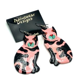 # NWT Women’s Vintage artisan wood paint novelty earrings cat cow spots pink